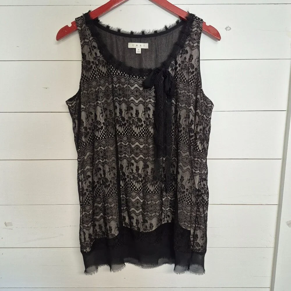 Cabi Womens Black Lace Sleeveless Top W/ Bow Detail Size M - Picture 1 of 7